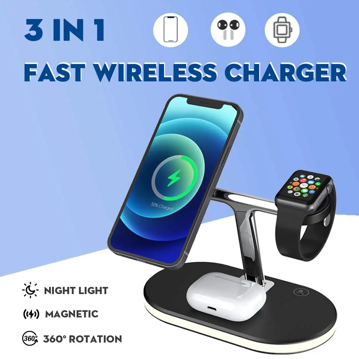 

3 in 1 15W Wireless Charger Magnetic Fast Charging Pad Dock Station For Smart Mobile Phone Max Chargers for iWatch Buds Charge