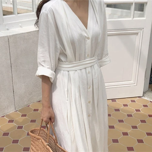 

2021 Women Spring Summer Vintage Elegant Lace Up A-Line Dress Ladies Fold Pleated Big Hem Bottoms V-Neck Wrist Solid Long Dress