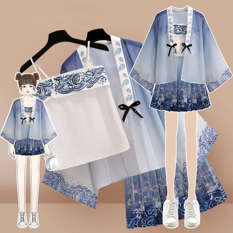 

Костюм-тройка Hanfu для девочек, традиционное китайское сказочное народное кимоно, летний костюм с короткой юбкой