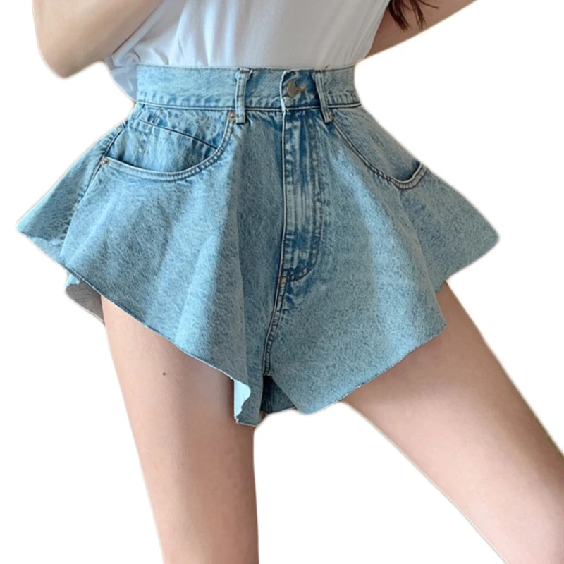 

L5YC Women Mid Waist Sexy Flared Jeans Shorts Zipper Button Pleated Swing Hem Denim Short Pants Vintage Washed Trousers with