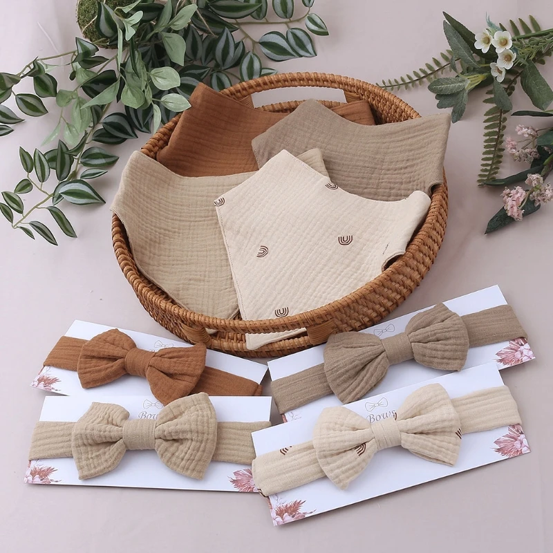 

Princess Bowknot Hair Band Solid Color Snap Button Bib Set Cotton Baby Elastic Bow Headband Feeding Drool Saliva Towel