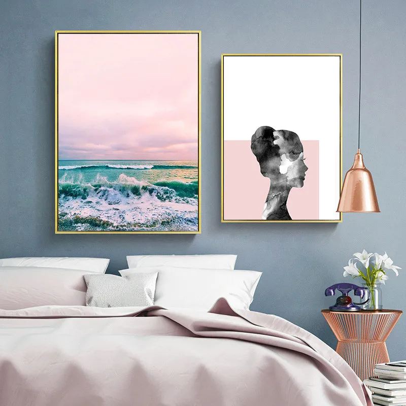 

Pink seascape nordic canvas painting wall art poster picture home decor children bedroom living room home decor poster