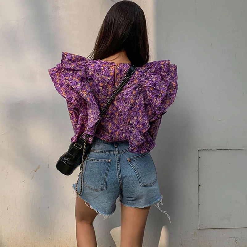 Блузка женская с цветочным принтом винтажная зеленая рубашка оборками корейский