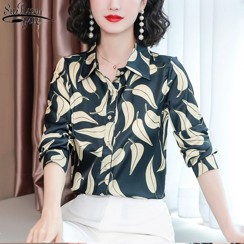 

2021 Fashion Long Sleeve Shirts Women Silk Shirt Autumn Plus Size S-4XL Leaves Print Blouses Clothes Blusas Mujer De Moda 10724
