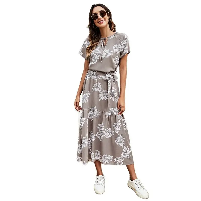 

Elegant Women Drawstring O-neck Long Dress Summer New Casual Loose Short Sleeve Print Sashes Patchwork Fashion Robe Maxi Vestido