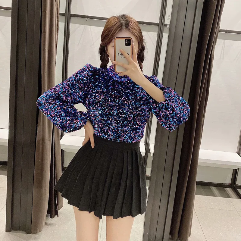 

VUWWYV Za 2021 Purple Sequin Crop Top Women Fashion High Neck Backless Blouses Woman Long Sleeve Party Clothes Ladies Tops Tunic