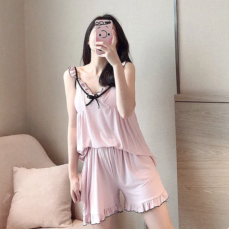 Women's Summer Sling Pajamas Set Shorts Modal Sweet Wind Belt Bra Ear Edge Sexy Nightgown Suit Home Wear Sleepwear Nightwear