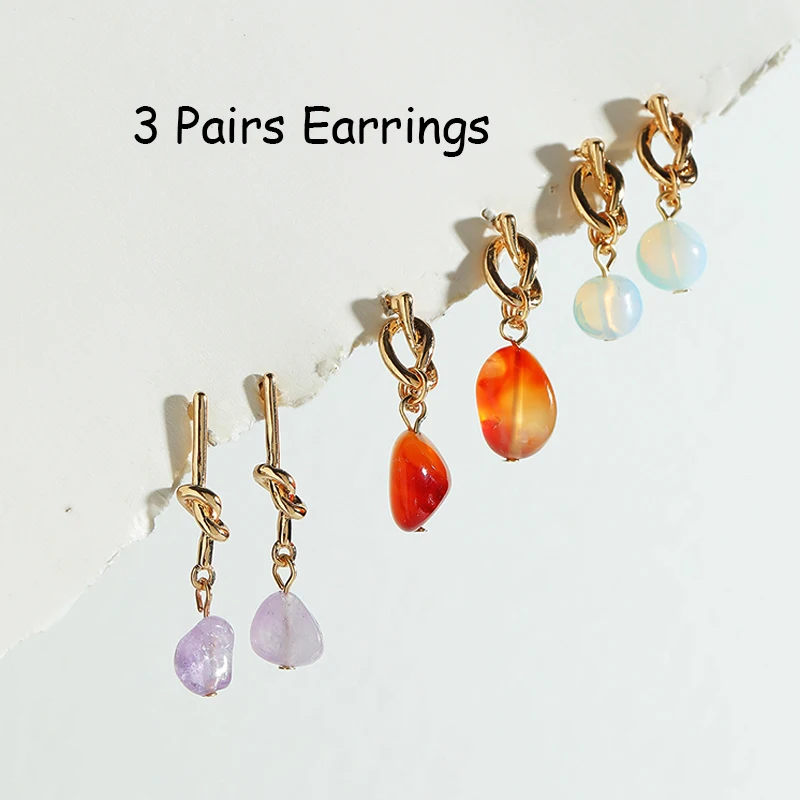 

Fashion Jewelry 3 Pairs Stone Earrings for Women Ethnic Punk Simple Korean Earring Set Egirl Aesthetic Accessories Party