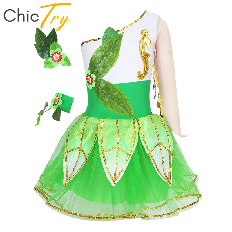 Детский танцевальный костюм ChicTry для девочек на одно плечо с длинным рукавом и