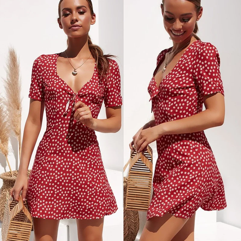 

Fashion Women Short Sleeve Wrap Boho Floral Mini Dress Ladies Summer Holiday Party Sundress Female
