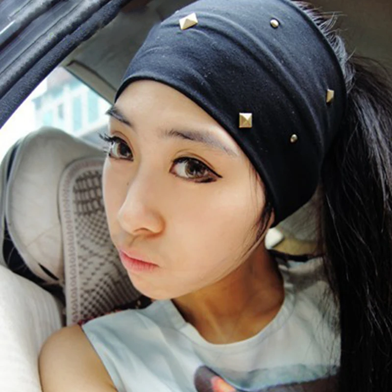 

P-17213 New Good Stretch 100% Cotton Plain Heaband With Square Spikes And Stud Twist Lady Headband Design Custom