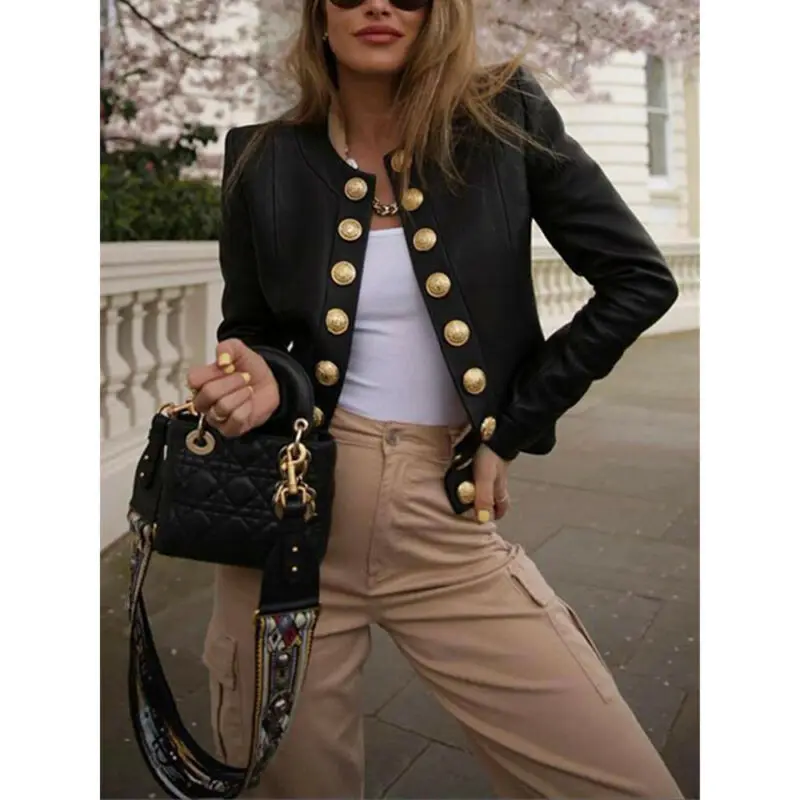 

Enland Style Women Coat Vintage Golden Button Design Jacket Ladies Long Sleeve Jackets Cropped Coats Formal Black Blazer