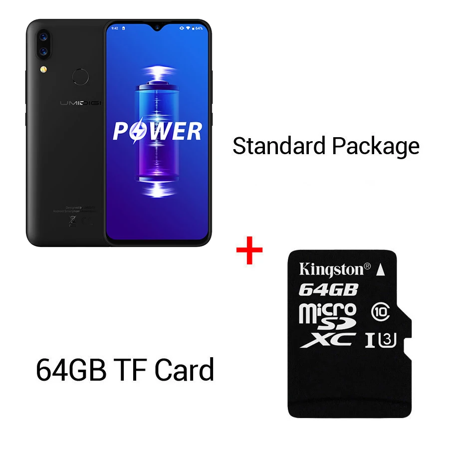 UMIDIGI power Android 9,0 5150 мАч большая батарея 18 Вт 6,3 'FHD+ экран капли воды 4 Гб+ 64 Гб Helio P35 глобальная версия смартфона 16 МП - Цвет: Black n 64GTF Card
