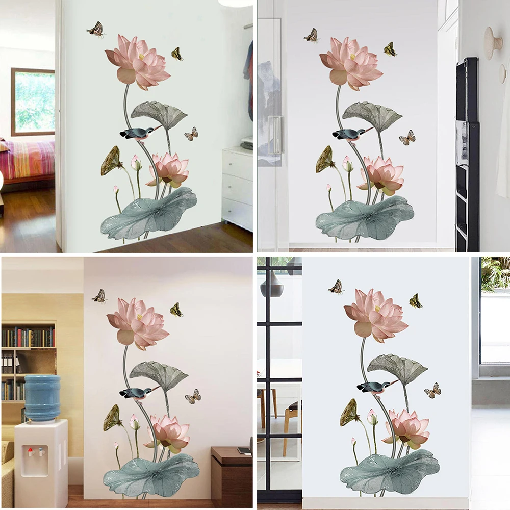 

65x120 Lotus Flower Stickers Traditional Wallpaper Ink Lotus Wall Decal Vinyl Lotus Wall Artwork Sticker For Bedroom Decoration