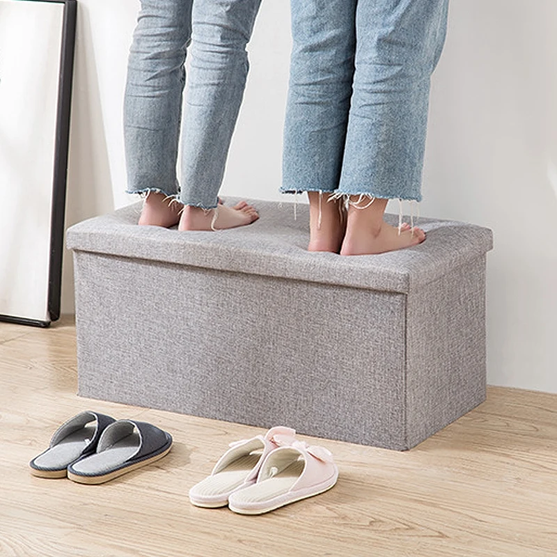

Foldable Storage Box with Lid Cotton Linen Storag Stool Clothes Closet Organizer Box Functional Ottoman Bench Soft Footstool