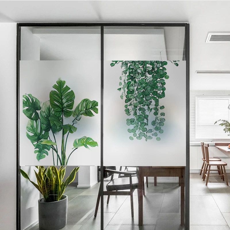 

Electrostatic Window Sticker Green Leafs Decorative Privacy Protection Glass Film for Bedroom Bathroom Living Room