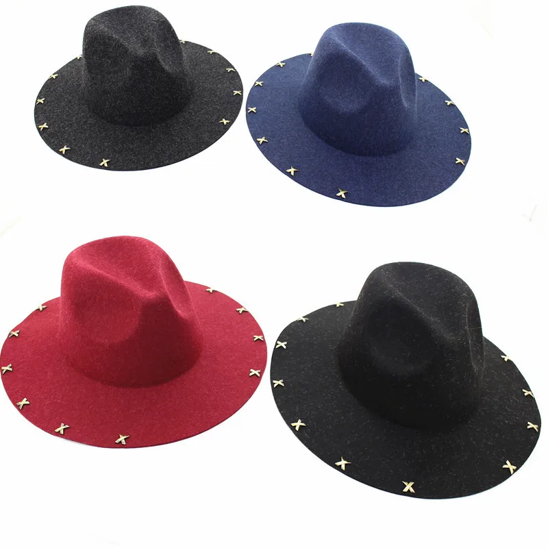 

Wide Brim Wool Felt Fedora Jazz Hats with Rivet Decor Women Unisex Panama Trilby Cowboy Cap Fashion Sun Visor Caps