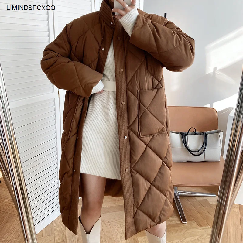 2021 Winter New Korean Style Long Cotton-padded Coat Women's Casual Stand-up Collar Argyle Pattern Oversized Parka Chic Jacket