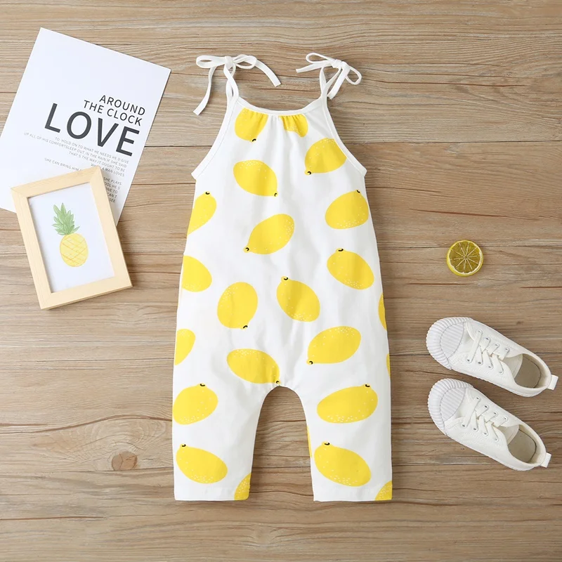 

New Fashion Toddler Kids Baby Girl Sleeveless Strap Fruit Lemon Print Romper Loose Jumper Bottom Trousers Summer Baby Clothes