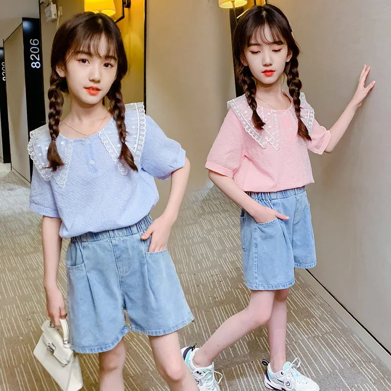 

2PCS Children Clothes Sets for Girls Summer Kids Clothing Baby Girls Mesh Collar Short Sleeved Shirt + Denim Shorts Suit Outfits