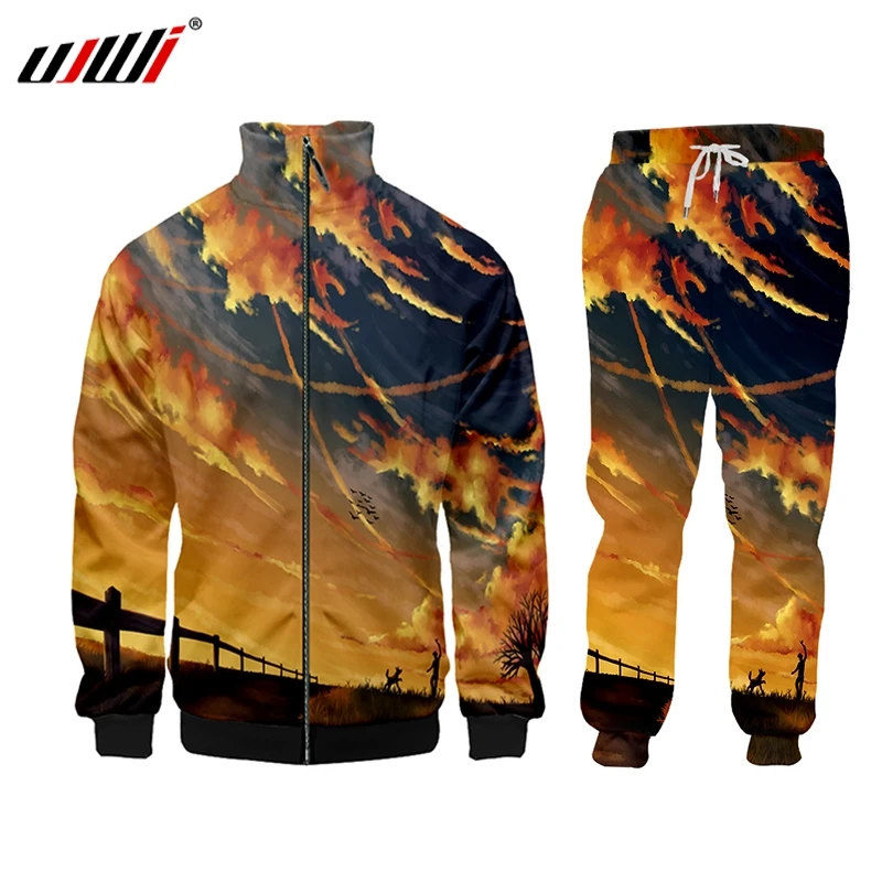 

UJWI 2 Pieces Sets Tracksuit Men Hooded Sweatshirt+pants Pullover Hoodie Sportwear Stand-up jacket Anime sky Casual Men Clothes
