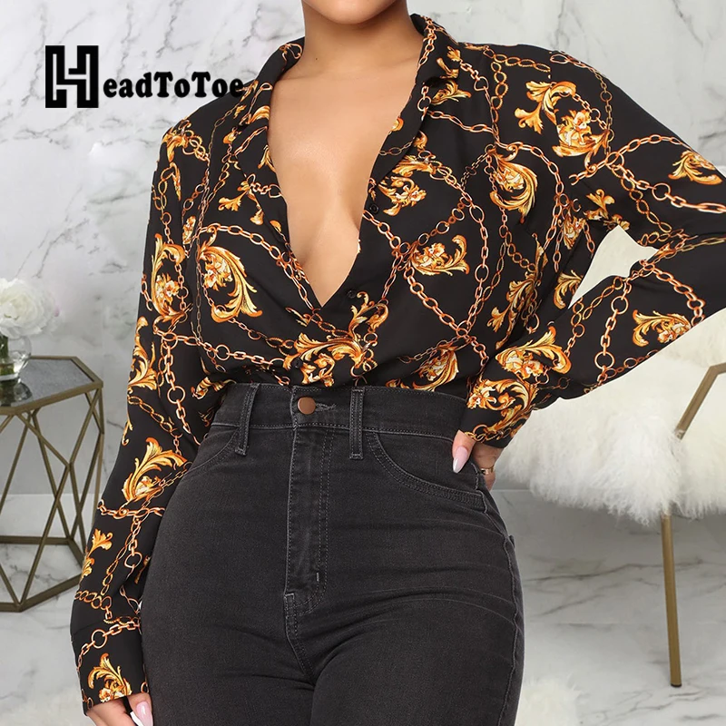 

Chain Print Button Fashion Tops Women Full Sleeve Turn Down Collar Shirts Women