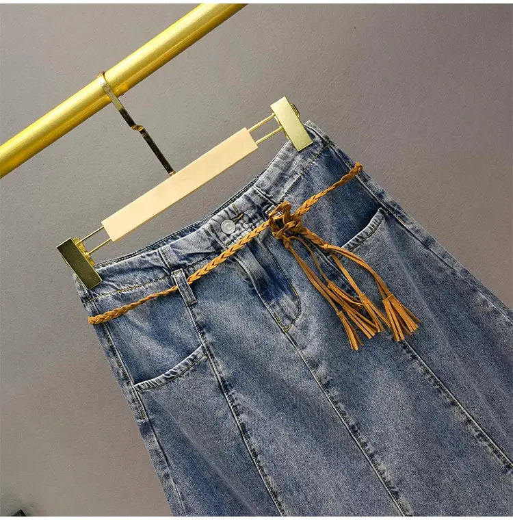 

Mid-Length Denim Skirt for Women 2021 Spring/Summer New High Waist Loose and Slimming A- Line Large Hem Vaqueros Skirt