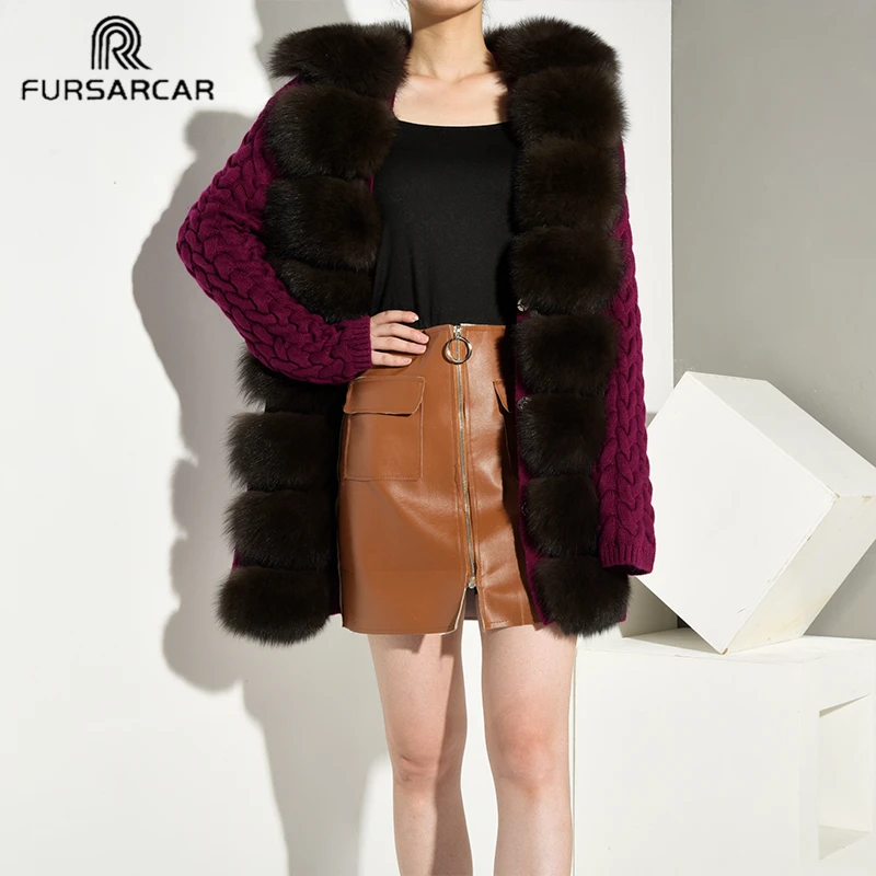 Модный женский Фиолетовый шерстяной свитер шуба из натурального меха с лисьим