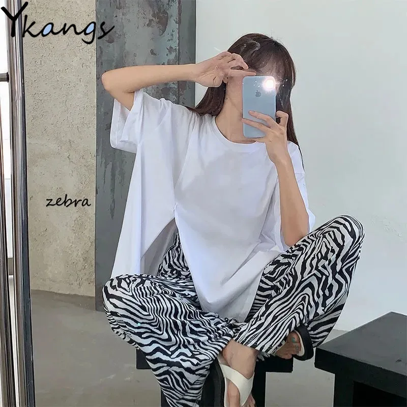 

Solid Color Loose Slit Sports T-shirt Casual Breathable Zebra Pattern Women's Wide-leg Pants Korean Fashion Ladies Two-piece Sui