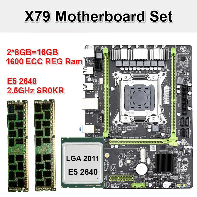 X79 M2 LGA2011 материнская плата комбинированный комплект с E5 2640 cpu 2X8GB 16GB DDR3 ram 2 Ch 1600Mhz ECC