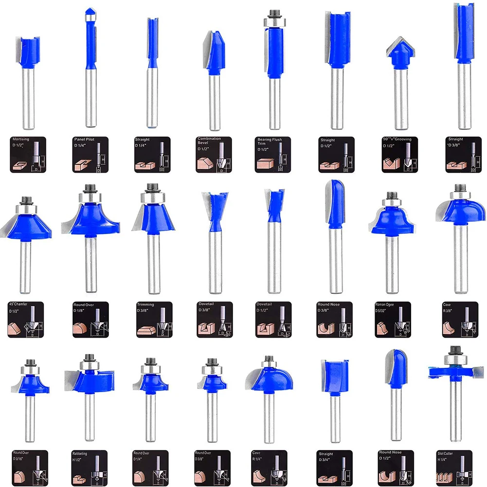 

24pcs 1/4 Inch Carbon Steel Shank Router Bit Set Tongue and Groove Set T Shape Wood Milling Cutter Plywood Compact Panel 11