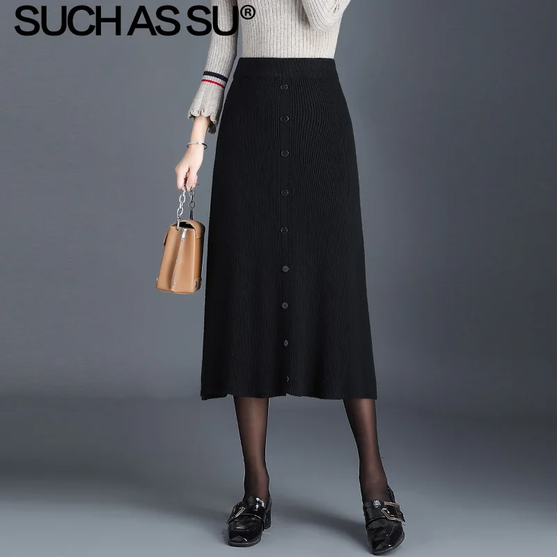 Женская Асимметричная вязаная юбка черная серая средней длины с высокой талией и