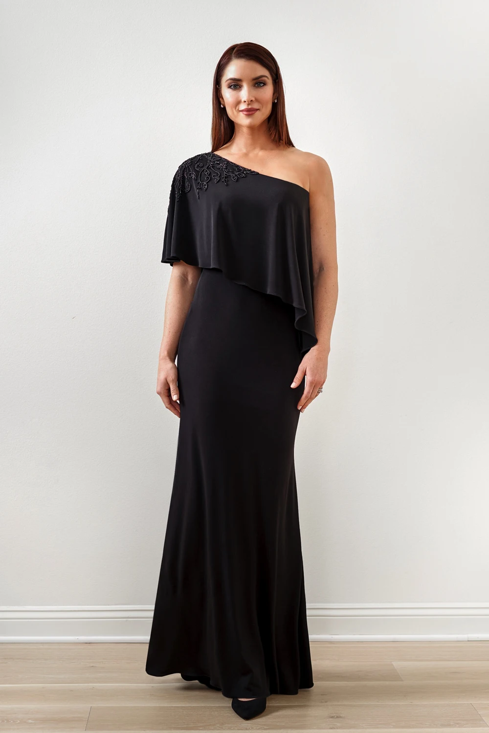 

Yipeisha Black Plus Size Mother of Bride Dress One-shoulder Jersey Evening Party Gown Beaded Floor Length Mermaid Formal Dress