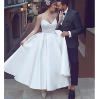 tea length wedding dress a line appliques satin wedding gown spaghetti strap custom made vintage vestido de noiva 2020