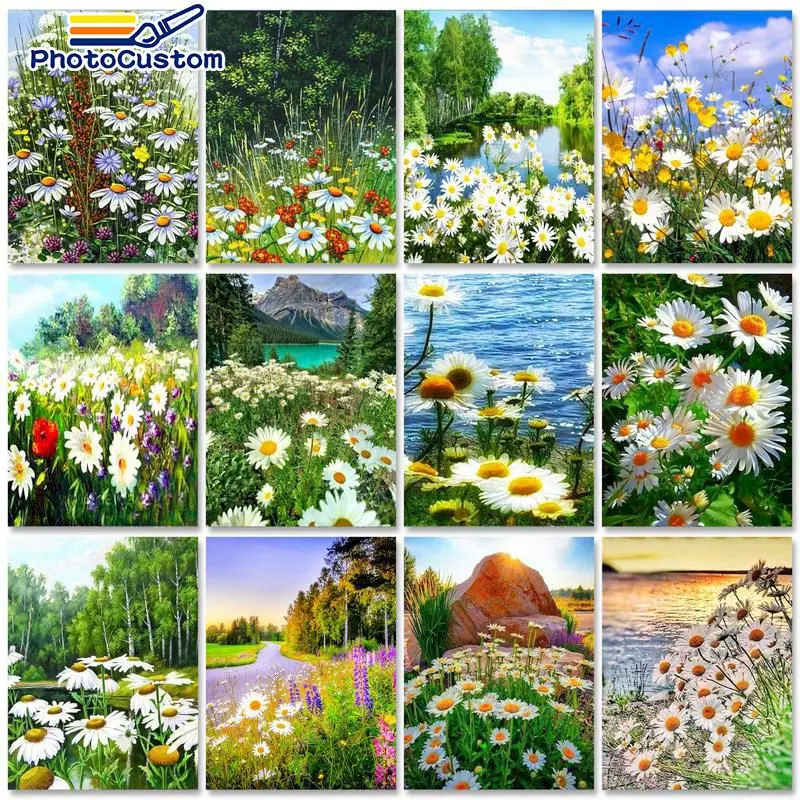 

PhotoCustom Oil Paint By Numbers Kits Flowers Scenery DIY Painting By Numbers On Canvas Frameless 60x75cm Draw Painting Decor