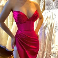 red mermaid long evening dresses pleats deep v neck prom party gowns high slit formal special occasion dress vestidos de fiesta