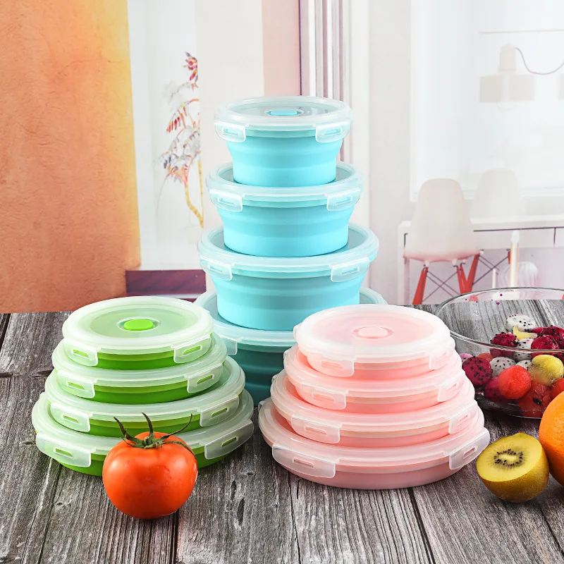 

Silicone Lunch Box Portable Circle Folding Silicone Lunch Box Freshness Box Refrigerator Only Freshness Storage Storage Box Whol