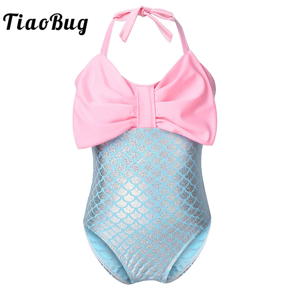 

Цельный купальник TiaoBug для девочек, с бантом на шее, с принтом в виде чешуи русалки, пляжная одежда
