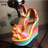 wdhkun summer sandals women womens ladies wedges high multicolor patchwork sandals peep toe roman shoes sandals high heels