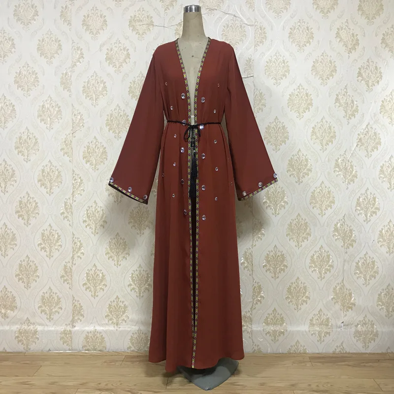 

Turkish Islamic Clothing Muslim Open Abaya Women Elegant Diamond Kimono Long Robe Caftan Elbise Maxi Casual Lace-up Hijab Dress