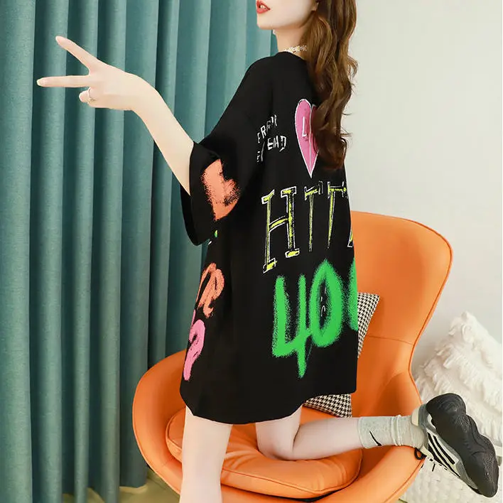 

Cotton large size long age-reducing short sleeve T-shirt women's summer 2021 new fashionable foreign style jacket