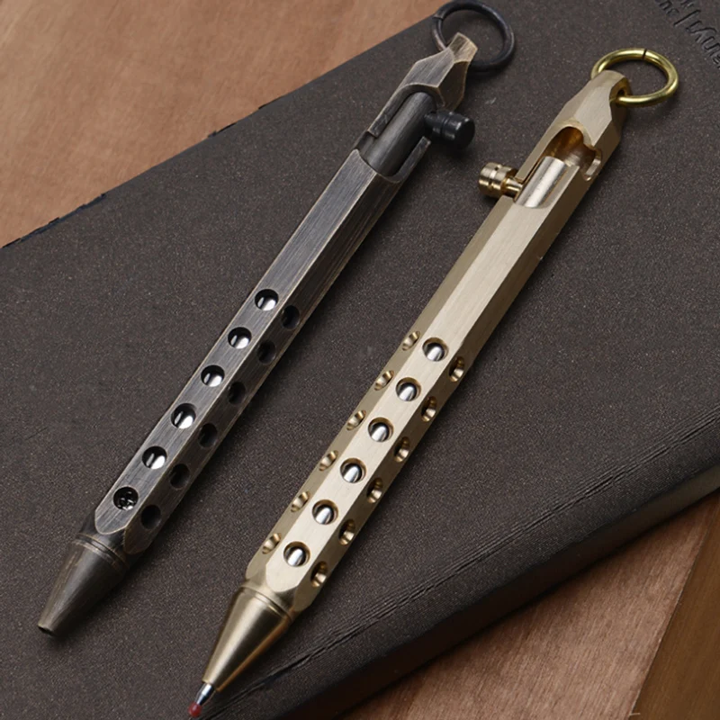 Hexagonal Brass EDC Bolt Action Ball Point Pen Unisex Tactical Pens Gold Metal Copper Keychains Accessories Key Chain Gift
