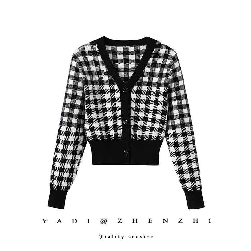 

Женский вязаный кардиган с V-образным вырезом, облегающий вязаный клетчатый короткий жакет с высокой талией, осенний свитер в студенческом ...