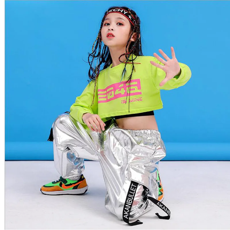 Детская одежда в стиле хип хоп Зеленый свитер Укороченный топ Повседневные штаны