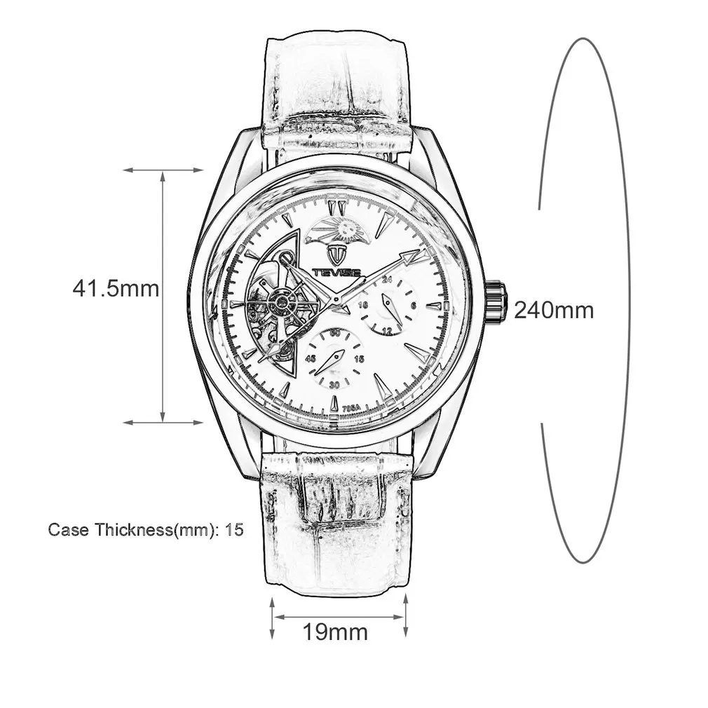 

TEVISE Men Watch Tourbillon Automatic Leather Strap Watches Luxury Moon Phase Mechanical Waterproof Watch Hollow Out Dial