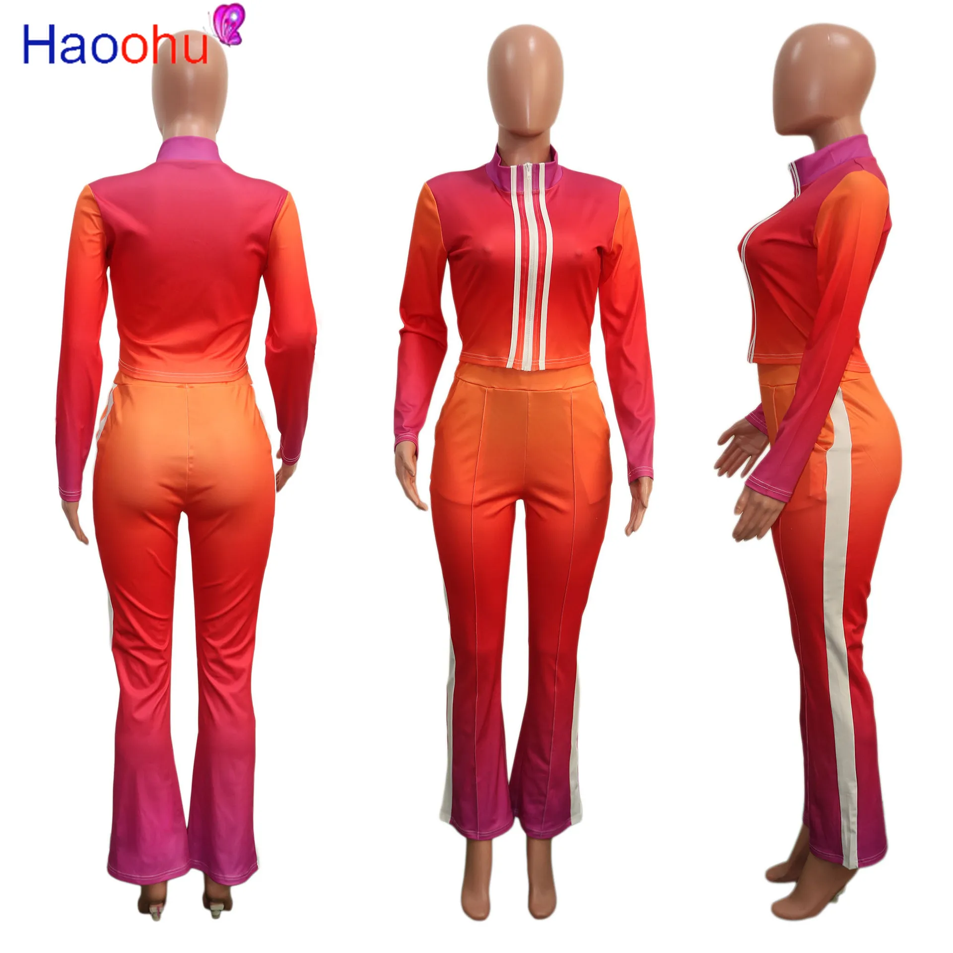 

Sport Sweatsuit Gradient Striped Women's Set Zipper jacket +stacked Jogger Pants Set Active Tracksuit Two Piece Fitness Outfit