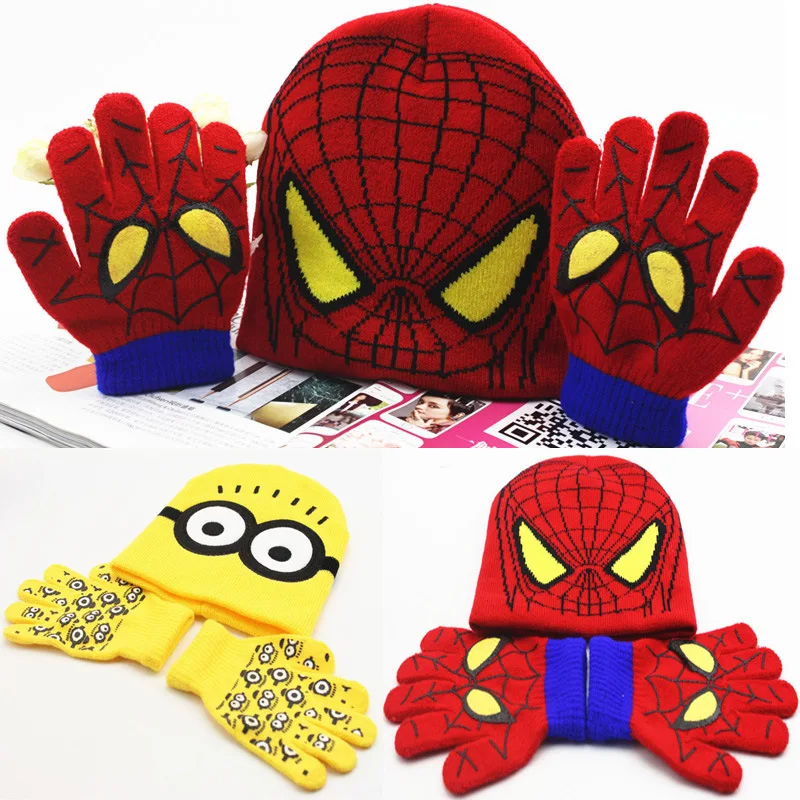 

Fashion Autumn Winter Girls Boys Hats Set Cartoon Man Warm knitted Hat Gloves Sets Children Caps