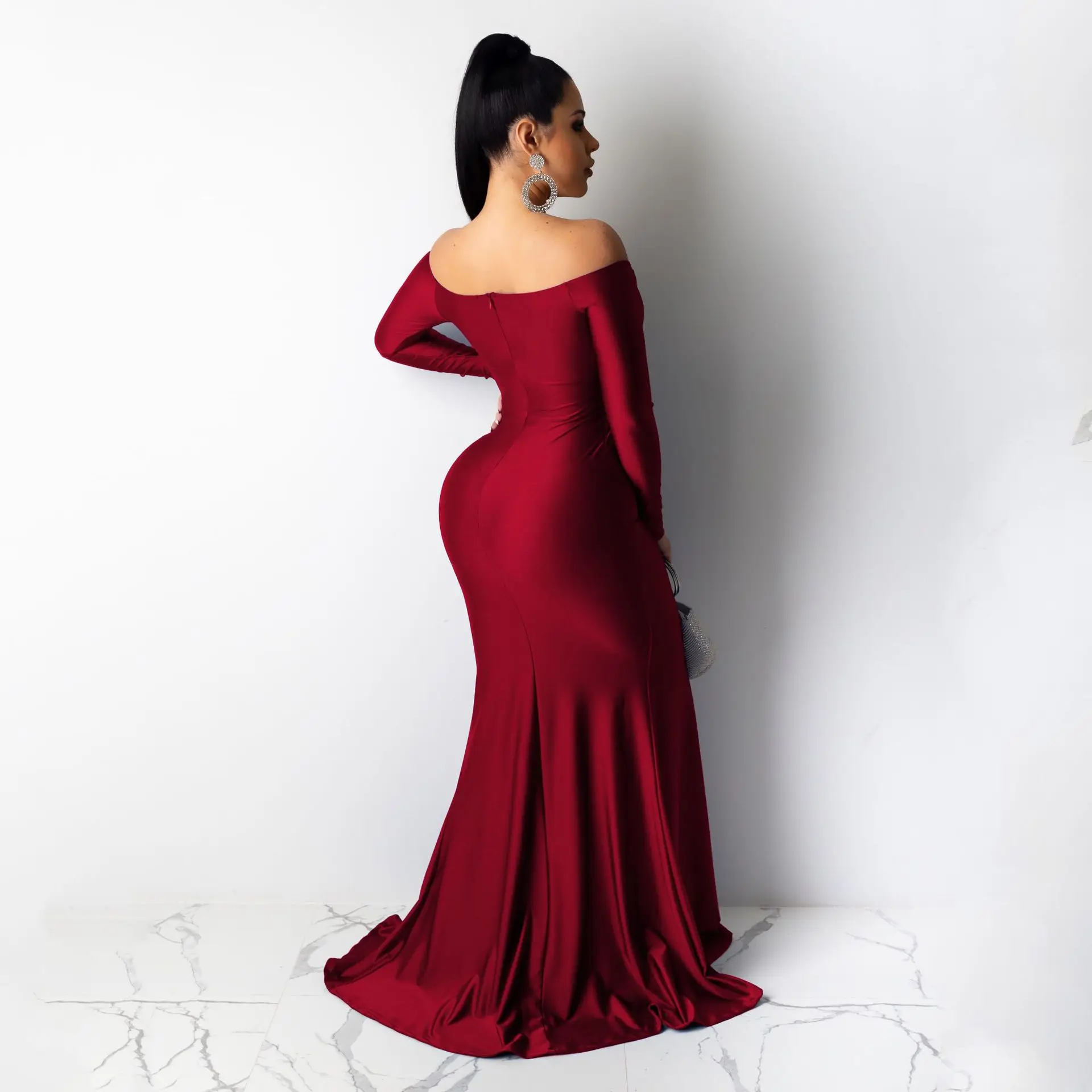 2020 Spring Elegant Women Maxi Mermaid Evening Gown Wrap V Neck Off Shoulder Long Sleeve High Slit Party Autumn Dresses | Женская одежда