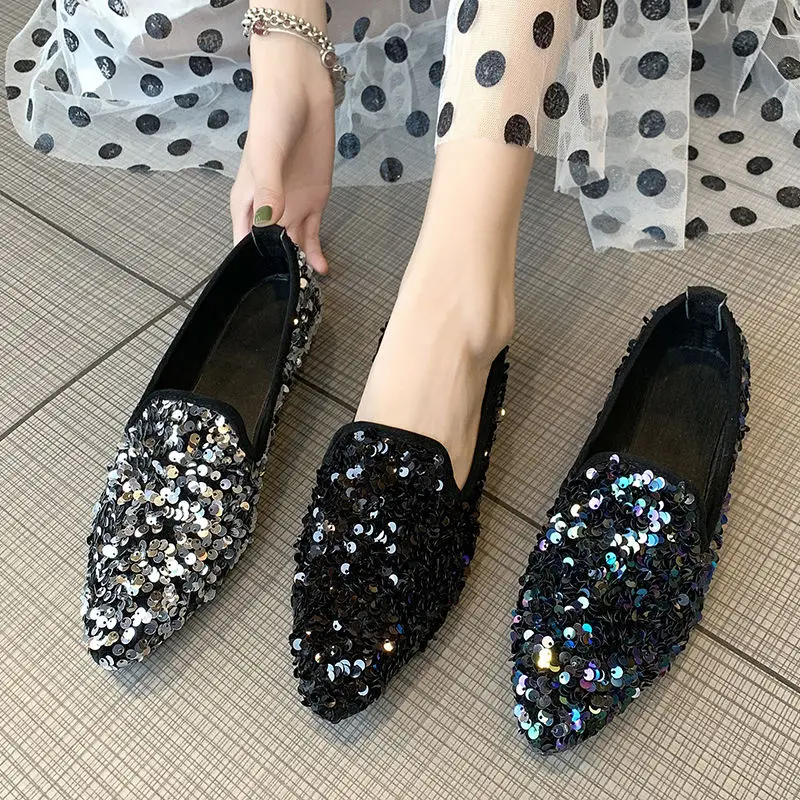 Модные женские балетки для отдыха Весенне осенние с блестящими блестками