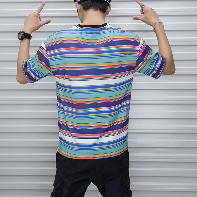 

Pop Fashion VogueStriped Loose t-shirt Men Hip Pop T-shirts VogueMen T Shirts Streetwear Nice M-2XL